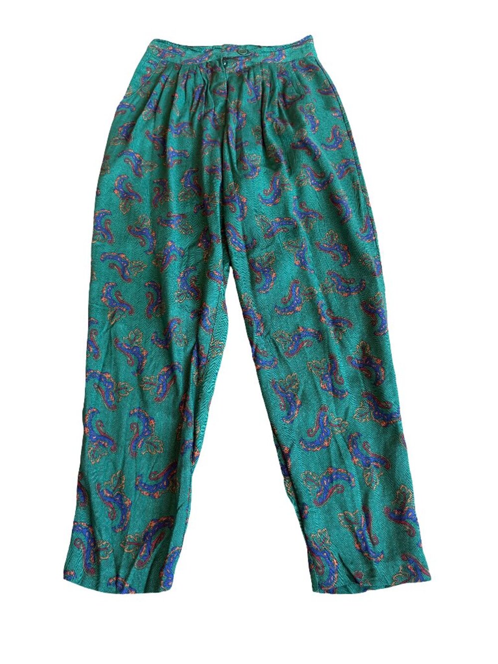 Diane Von Furstenberg Green Paisley Pleated High Waist Pants Rise Size 6 Women's